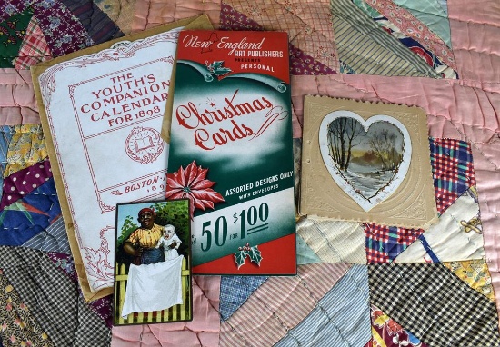 Lot of Americana Ephemera: 1898 Calendar, Christmas Card Choice Order Folder, Postcard, & Other