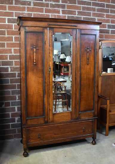 Late 19th C. Hand Made Oak Wardrobe with Dressing Mirror, Prob. British