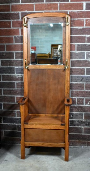 Early 20th C Oak Hall Tree w/ Brass Hooks, Bevel Mirror, Seat Storage, Slotted Arms for Canes, Etc.