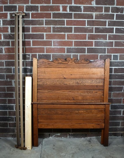 Antique Oak Twin Size Bed Frame (Head & Foot) with Metal Rails and Pine Slats