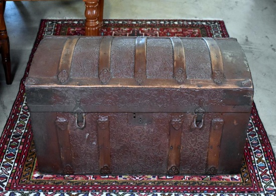 Antique Oak Slat & Stamped Metal Steamer Trunk