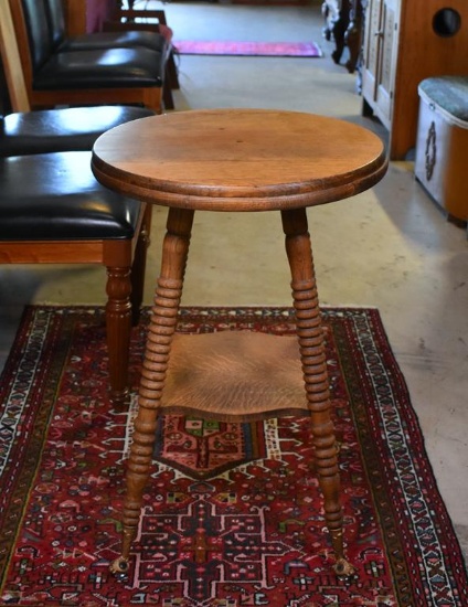 Antique Two-Tier Turned Oak Round Side Table with Glass& Metal Ball and Claw Feet