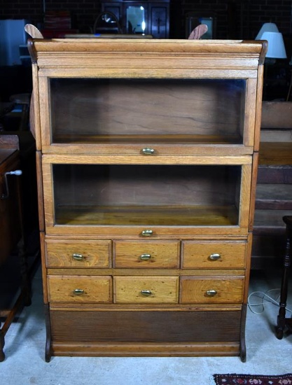 Unusual Early 20th C. Tiger Oak Barrister Bookcase with Six-Drawer Section