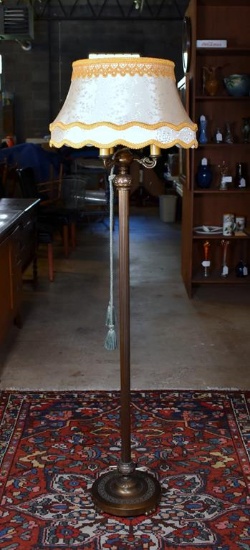 Vintage Three Arm Bronze Finish Torchier Floor Lamp with Glass and Silk Shades