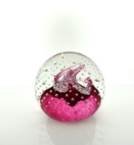 Caithness Cauldron Scotland Glass Paperweight Etched “Ch 396”, Bullicante with Red & White Flower