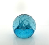 Caithness Cauldron Scotland Glass Paperweight Etched “A36868”, Bullicante w/ Blue & White Flower