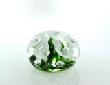 Joe St. Clair Glass Paperweight, Green & White Trumpet Lilies with Bubbles, Indiana