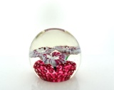 Murano Glass Paperweight Bullicante & White/Red Flowers, Italy