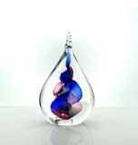 Marian Pyrcak Upright Teardrop-Shaped Art Glass Paperweight, Etched “MP” w/ Original Stickers
