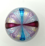 Unsigned Pink & Blue  & White Lattacino Art Glass Paperweight, Probably Murano