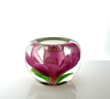 Unsigned Pink Flower Art Glass Paperweight Base or Candle Holder