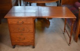 Vintage Oak Folding Sewing Work Table with Three Drawers on Caster Feet
