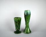 Two Vtg. McCoy Green Art Pottery Vases: Footed Paneled Grapes / Vines & Star Burst Drip Glaze