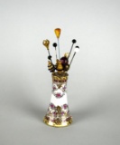 Vintage Hand Painted Nippon Gold & Floral Decorated Hat Pin Holder with Thirteen Hat Pins