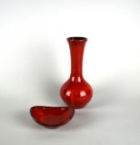 Blue Mountain Pottery Autumn Red Flambe Bud Vase & Matching Trinket Dish, Canada