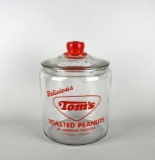 Vintage Tom's Peanut Counter Display Jar with Red Lettering and Red Knob