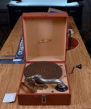 Antique PAL (?) Portable  Wind-Up Shellac Record Player with Extra Needles & Brush Attachment