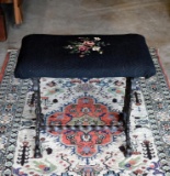 Small Victorian Antique Wrought Iron Bench with Lion Mask Motif and Needlepoint Seat