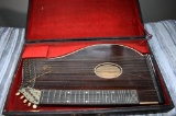 Antique Lyre Form Zither with Wooden Case