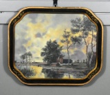 S. Roberts 1947 Lithographic Print of Farm by Stream Landscape in Nice Vintage Frame