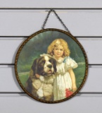 German Print of Young Girl with Saint Bernard Dog