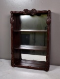 Vintage Carved Wood Three-Tier Hanging Display Shelf with Mirrored Back