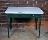 Vintage One Drawer Enamel Top Work Table with Green Base