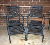 Pair of Black Cast Aluminum Patio Chairs Plus Two Coordinating Ottomans, Tulips in Planter Design