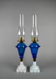 Pair of Vintage B&P Cobalt Blue & Milk Glass Queen Anne No. 2 23” Oil Lamps