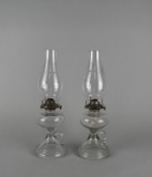 Pair of Vintage Coordinating P&A Manufacturing Co. Clear Glass Oil Lamps with Finger Loops