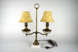 Vintage 19” Brass & Glass Electric Lamp with Two Arms & Stone Base, Faux Leather Shades