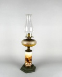 Vintage Hand Painted Landscape Columnar Oil Lamp with Cast Metal Base & Glass Font