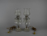 Pair of Vintage Pressed Glass Boudoir Electric Lamps with Prisms & Satin Glass Shades