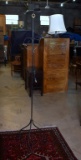 Vintage Black Metal Tripod Electric Floor Lamp with Paneled Cloth Shade & Brass Finial