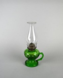 Antique Emer. Green Paneled Glass Oil Kerosene Finger Loop Lamp w/ Fireside Plume & Atwood Burner