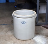 Antique Robinson-Ransbottom Five Gallon Stoneware Crock with Blue Crown Stamp & Wood Handles