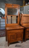 Early 20th C. Oak Wash Stand on Casters with Mirror & Towel Rack