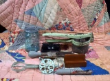 Lot of 7 Vtg. Household Items: Ball Jar, Egg Beaters, Corer, Potato Masher, Hole Punch, Card Holder