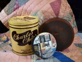 Three Advertising Tins: Claussen's Fruit Cake, Charles Chips, & Beecher Butter Mints