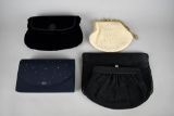 Lot of Five Vintage Handbags: Black & Navy Clutches & Handmade Cream Beaded Frame Purse