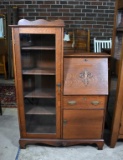 Early 20th C. Tiger Oak Drop Front Secretary Desk Side by Side Bookcase