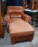 Broyhill Indulgence Leather Upholstery Armchair & Ottoman with Bun Feet, Nailhead Trim