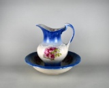 Vintage Blue & White Ironstone Wash Stand Bowl & Pitcher w/ Roses Design