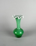 Green Blown Cased Art Glass Vase with Ruffled Rim