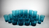 Vintage Set (26) of Coordinating Crinkle / Driftwood Peacock Blue Glass Tumblers in Four Sizes