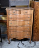 Early 20th C. Oak Six-Drawer Serpentine-Front Chest on Casters