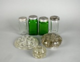 Lot of Seven Vintage Pieces of Green & Clear Utilitarian Pressed Glass, Flower Frogs