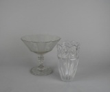 Vintage Etched Flower Clear Glass Compote & Fifth Ave. Crystal “Cherish” Vase