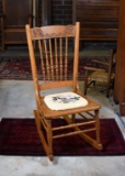 Vintage Oak Spindle-Back Rocking Chair with Needlepoint Seat