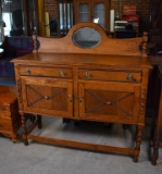 Late 19th C. Hand Made Tiger Oak Buffet Server with Mirror & Barley Twist Turnings, Prob. British